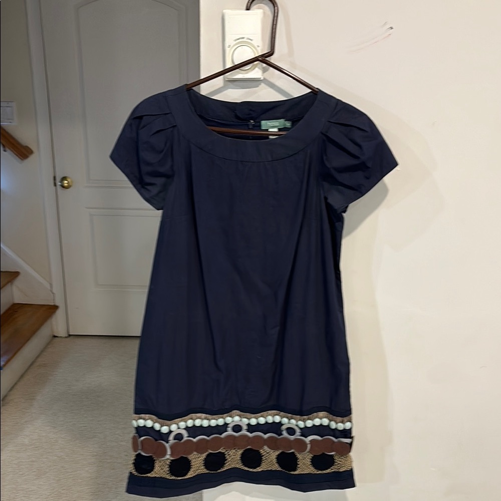 Navy Blue Short Sleeve Dress with Patterned Hem